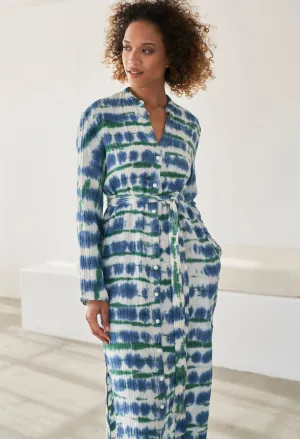 Blue and Green Button Front Belted Cotton Gauze Tunic Dress - Sale