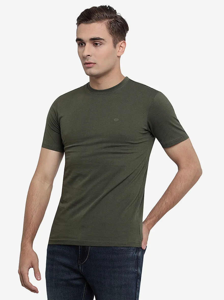Dark Green Solid Slim Fit T-Shirt | JadeBlue