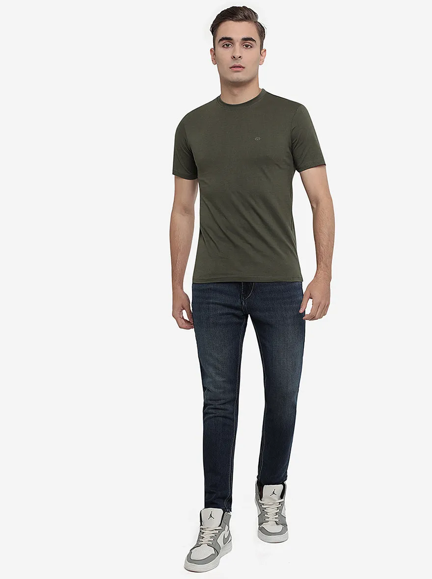 Dark Green Solid Slim Fit T-Shirt | JadeBlue