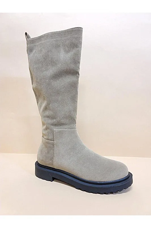 Faux Suede Under Knee Boots Low Heel