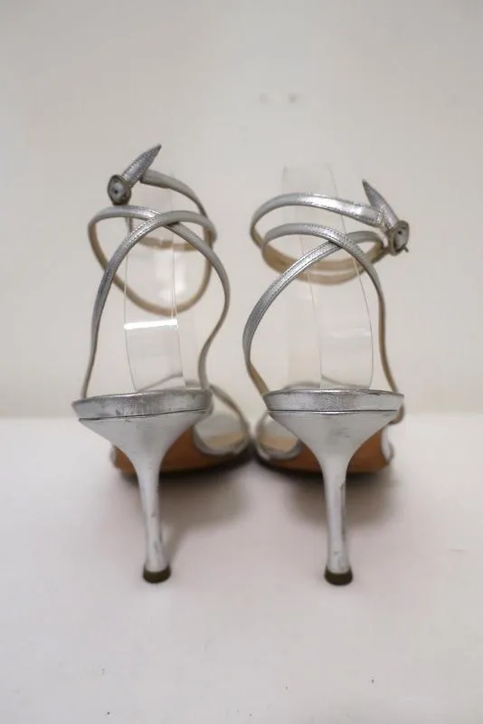 Jimmy Choo Juliet Ankle Wrap Sandals Silver Metallic Leather Heel Size 39.5