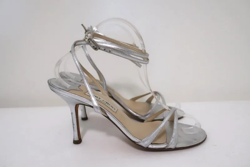 Jimmy Choo Juliet Ankle Wrap Sandals Silver Metallic Leather Heel Size 39.5
