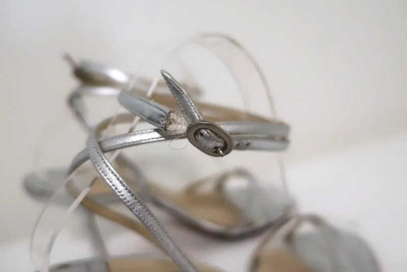Jimmy Choo Juliet Ankle Wrap Sandals Silver Metallic Leather Heel Size 39.5