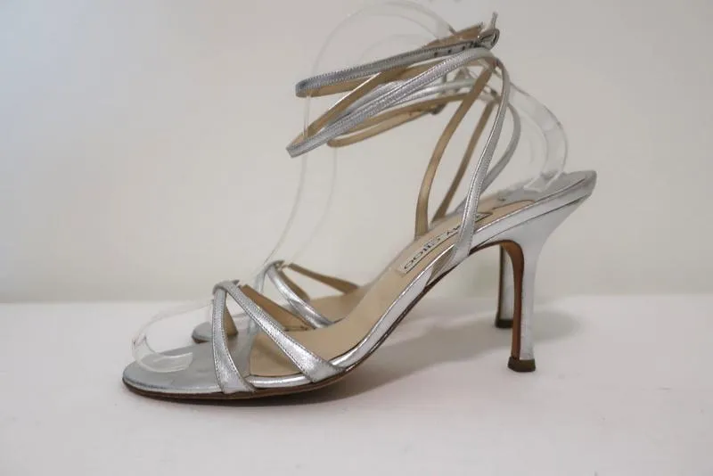 Jimmy Choo Juliet Ankle Wrap Sandals Silver Metallic Leather Heel Size 39.5