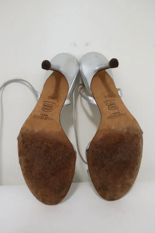 Jimmy Choo Juliet Ankle Wrap Sandals Silver Metallic Leather Heel Size 39.5