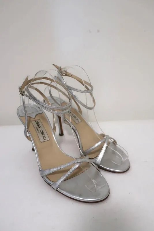 Jimmy Choo Juliet Ankle Wrap Sandals Silver Metallic Leather Heel Size 39.5