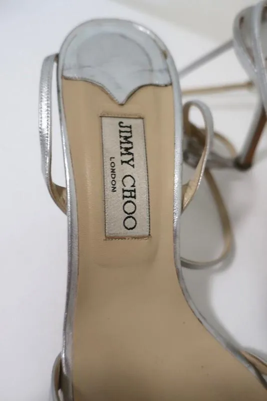Jimmy Choo Juliet Ankle Wrap Sandals Silver Metallic Leather Heel Size 39.5