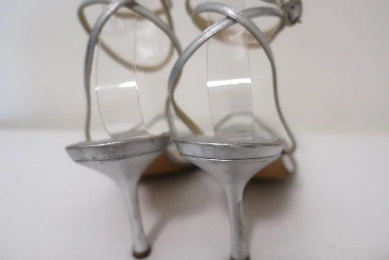 Jimmy Choo Juliet Ankle Wrap Sandals Silver Metallic Leather Heel Size 39.5
