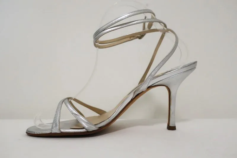Jimmy Choo Juliet Ankle Wrap Sandals Silver Metallic Leather Heel Size 39.5