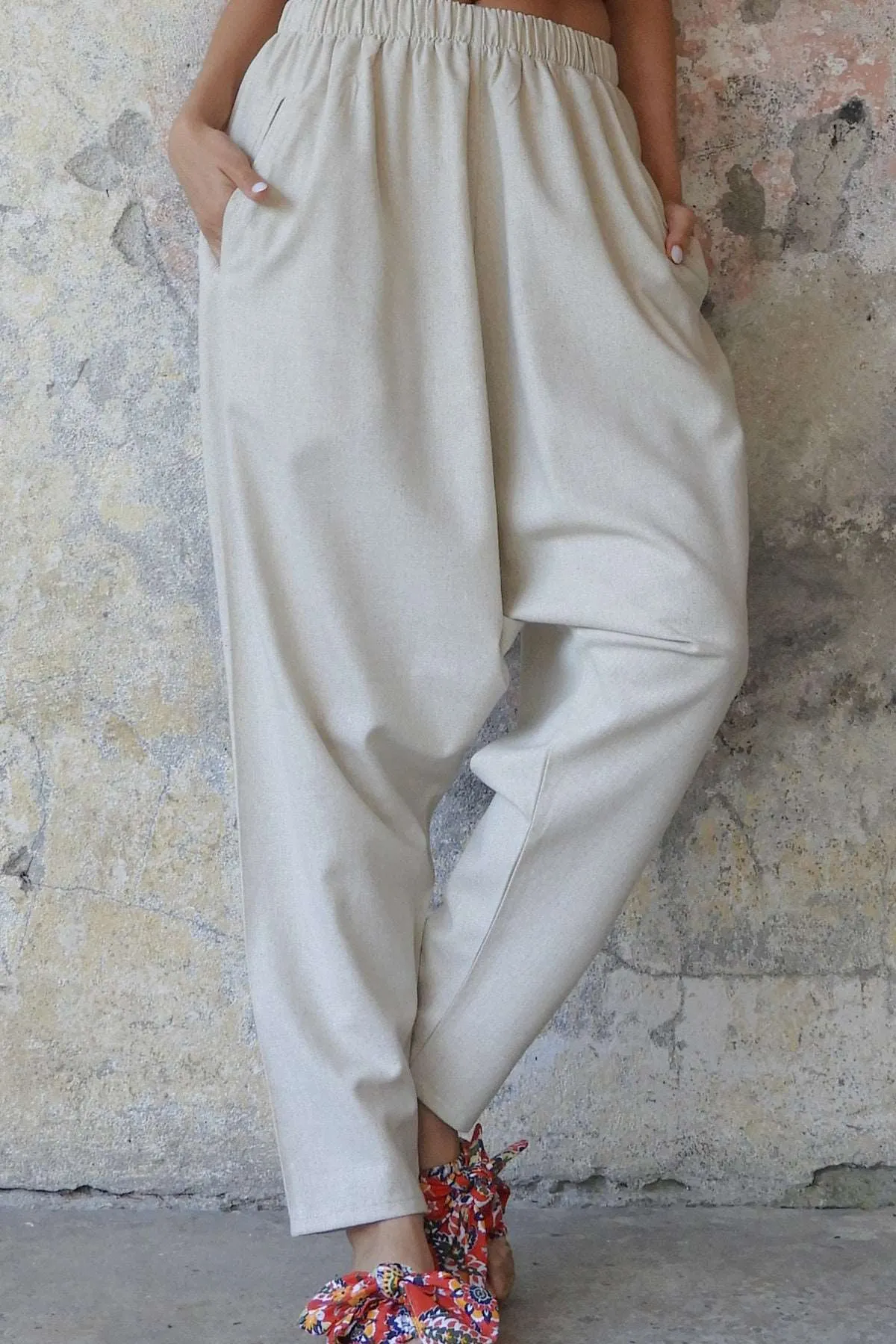MOON Women's Linen Blend Harem Pants (Beige, Indigo Blue)