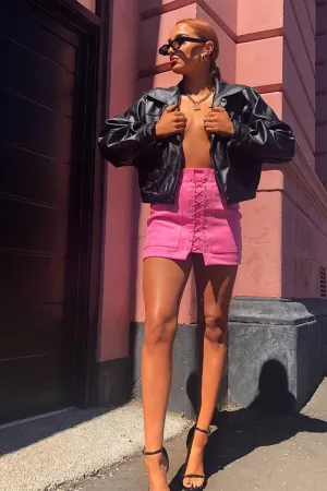 Pink Faux Suede Lace Up Mini Skirt - Evelise