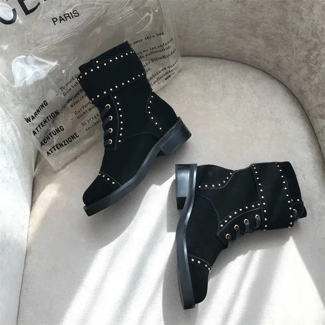 Suede Leather Women Lace Up Ankle Boots Low Heels Thick Heel Buckle Short Boot Ladies Casual Shoes Metal Decoration Size 35-41