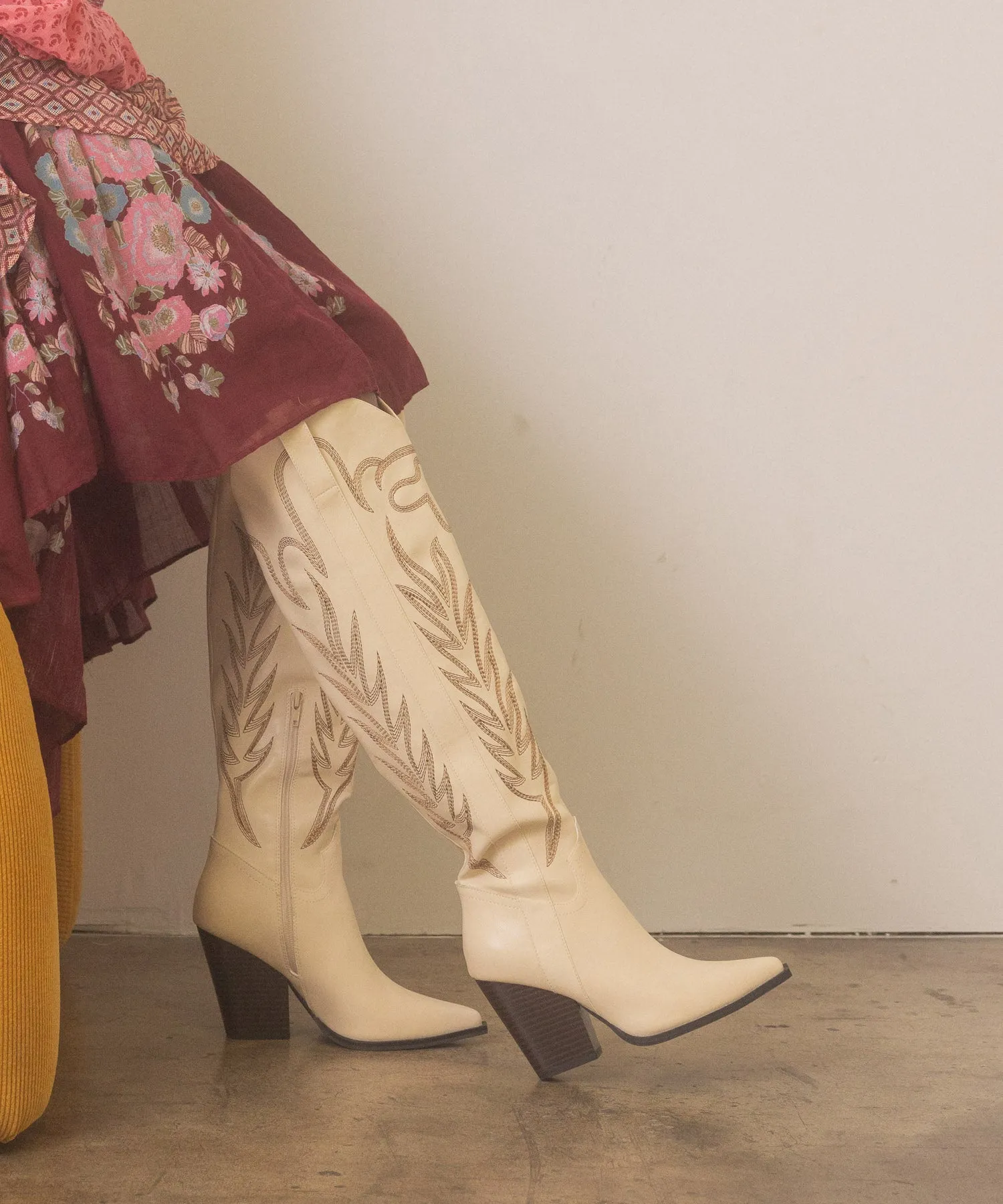 The Bronco | Off White Knee High Embroidered Cowboy Boot